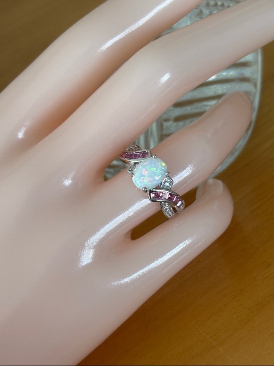 Jewelry - Genuine Lab Created Opal & Pink White Sapphire Ring Sterling Silver Size 7